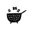 Black and white illustration of a strainer with pasta, kitchen ware, utensils. Doodle vector design for web and print.