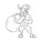 Black and white illustration of a strong muscular cartoon bull with a huge  bag of gifts