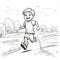 Black And White Illustration For Toddler\\\'s Coloring Book: Active Little Boy Racing In Open Field