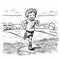 Black And White Illustration For Toddler\\\'s Coloring Book: Active Little Boy Racing In Open Field