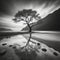 Black and white illustration of a tree reflected in the water at sunset. generative ai
