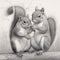 black and white illustration of two small squirrels perched atop a fallen tree trunk