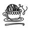 Black and white illustration of a yarn ball in a tea cup. Doodle vector design for web and print.