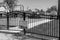 Black & white image of closed park in small Midwestern town in USA