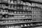 Black and White Image of Different types of cheese on shelves in a grocery store. Shelf of packaged products, butter and cheese at
