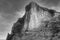 Black and white image of Icebergs at Jokulsarlon glacier.mountains and sky in the Icelandic landscape