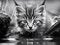 black and white image of a kitten staring at camera