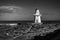 Black and white image of lighthouse along coastline of New Zealand