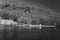 Black and White Image Log cabin at the Base of Flat Mountain