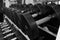 Black and White Image of a Rack of Dumbbells at a Gym