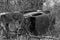 Black and white image of rusty old car lying on side in forest