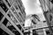 Black and white image of steel and glass skyscrapers of London a