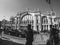 Black and white image of ultra wide-angle view of French street with iconic tall