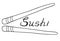 Black-white inscription Sushi sign, lettering with chinese chopsticks  isolated on white background. Black and white food illust