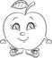 Black and white kawaii drawing of a cute little apple, happy, with shoes, in contour, for children`s coloring book