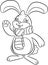 Black and white kawaii drawing of a cute little bunny rabbit, waving at you, with a scarf, for children`s coloring book