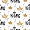 Black and white king crown seamless pattern with royal symbol and paint dots.