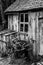 Black and white landscape of old blacksmiths workshop in Victorian times