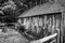 Black and white landscape of old blacksmiths workshop in Victorian times