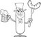 Black And White Leprechaun Sausage Cartoon Character Holding A Beer And Weenie On A Fork