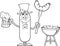 Black And White Leprechaun Sausage Cartoon Character Holding A Beer And Weenie Next To BBQ