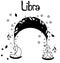 Black and white Libra astrological sign. Zodiac sign with colorful leaves and stars around. Libra perfect for posters