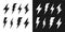 Black and white lightning bolt icons with grunge texture. Vintage flash symbol, thunderbolt. Simple lightning strike