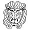 Black and white lion head in ethnic style. Isolated portrait of a king of beasts. Coloring book, logo, tattoo, print. Hand drawing