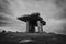 Black-and-white long exposure view of the Poulnabrone Dolmen in County Clare of Western Ireland