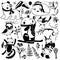 Black and white Magic winter animals, cute bear on skis, sleeping wolf, funny cat, polar bear, winter leaves and flowers