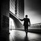 Black and white man in suit walking along bridge