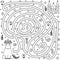 Black and white maze game and coloring page for kids. Help the unicorn
