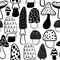 Black and white modern mushroom seamless pattern. Vector modern doodle background.