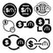 Black and white money convert icon from dollar to manat vector bundle set