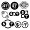 Black and white money convert icon from dollar to tenge vector bundle set