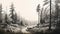 Black And White Mountain Forest Road Painting In Sepia Tone