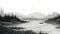 Black And White Mountain Lake Painting With Birds - Detailed Digital Illustration