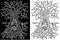 Black and white mystic fantasy tree line art vector illustration