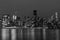 Black and White Nighttime Midtown Manhattan Skyline along the East River in New York City