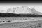 Black and white Norway seashore mountain landscape background