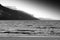 Black and white Norway seashore mountain landscape background