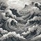 Black And White Ocean Drawing With Crashing Waves In Unique Yokai Style