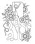 Black and white outline vector coloring book for adults. Ballerina legs in pointe shoes among stylized flowers