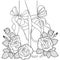 Black and white outline vector coloring book for adults. Legs of a ballerina in pointe shoes among the flowers of roses with