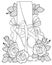 Black and white outline vector coloring book for adults. Legs of a ballerina in pointe shoes among the flowers of roses with