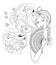 Black and white page for coloring book. Fantasy drawing of beautiful girl with fan. Portrait of woman with fashionable hairstyle.