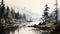 Black And White Painting Of A River: Realistic Hazy Landscapes And Whistlerian Illustration