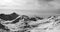 Black and white panorama of Caucasus Mountains in snow winter evening