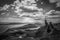 Black and white panorama of Old man of Storr rock formations, Isle of Skye