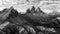 Black and white panorama of Tre Cime and Monte Paterno